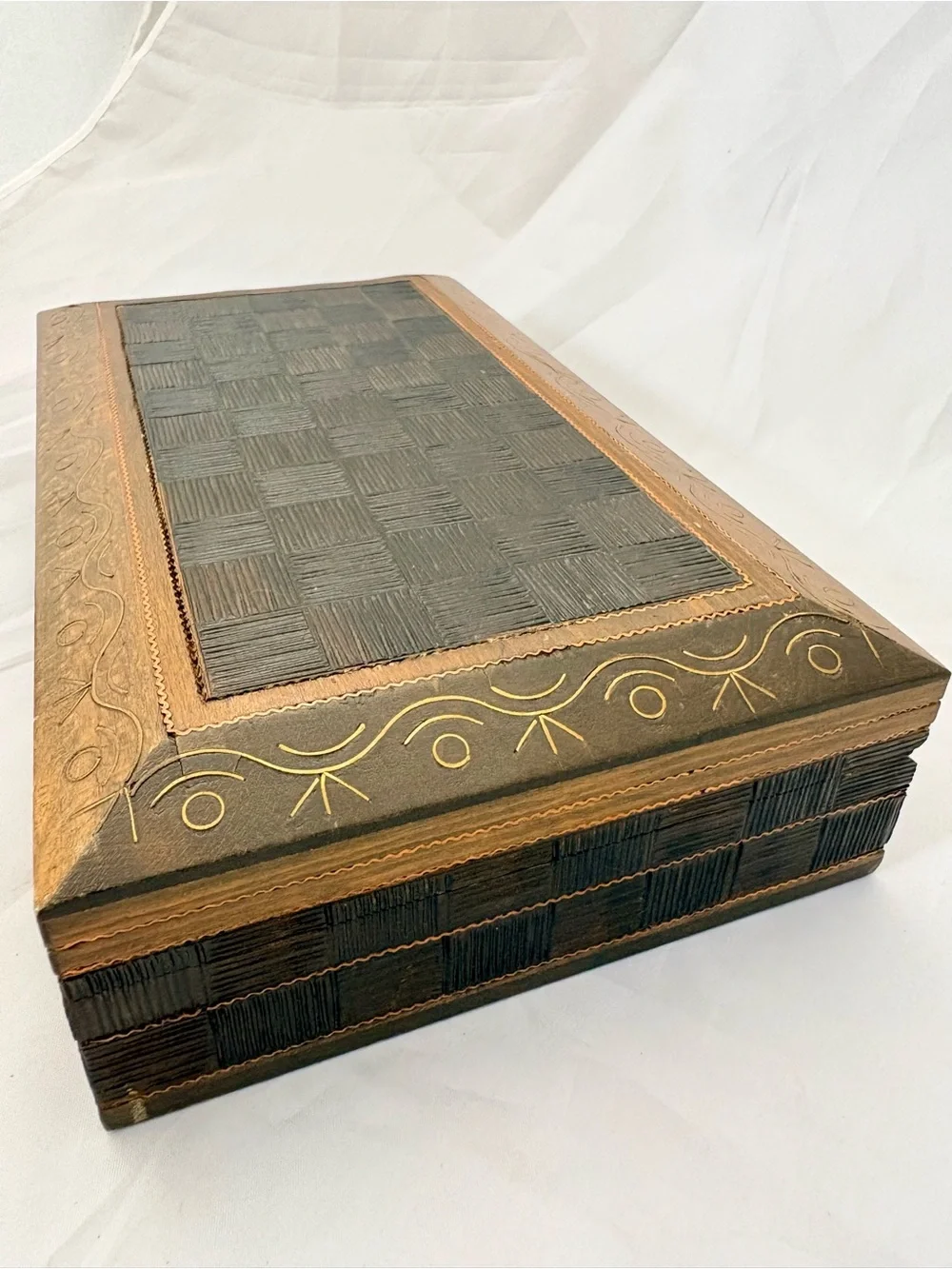 Wooden Decorative Box with Geometric Carved Top and Brass and Copper Inlay